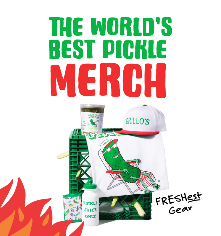 "the world's best pickle merch" next to pickle on lawn chair t-shirt, grillo's hat, record crate holder, grillo's wallet, and pickles