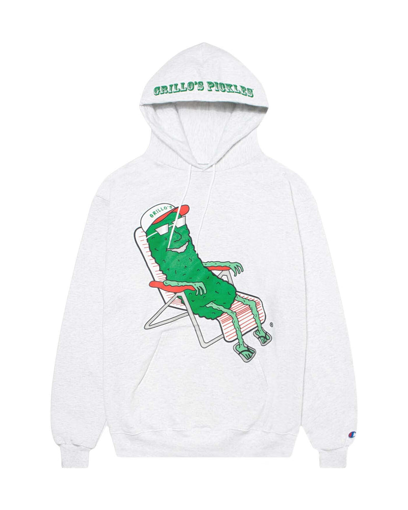 front of ash gray hoodie with pickle in lounge chair