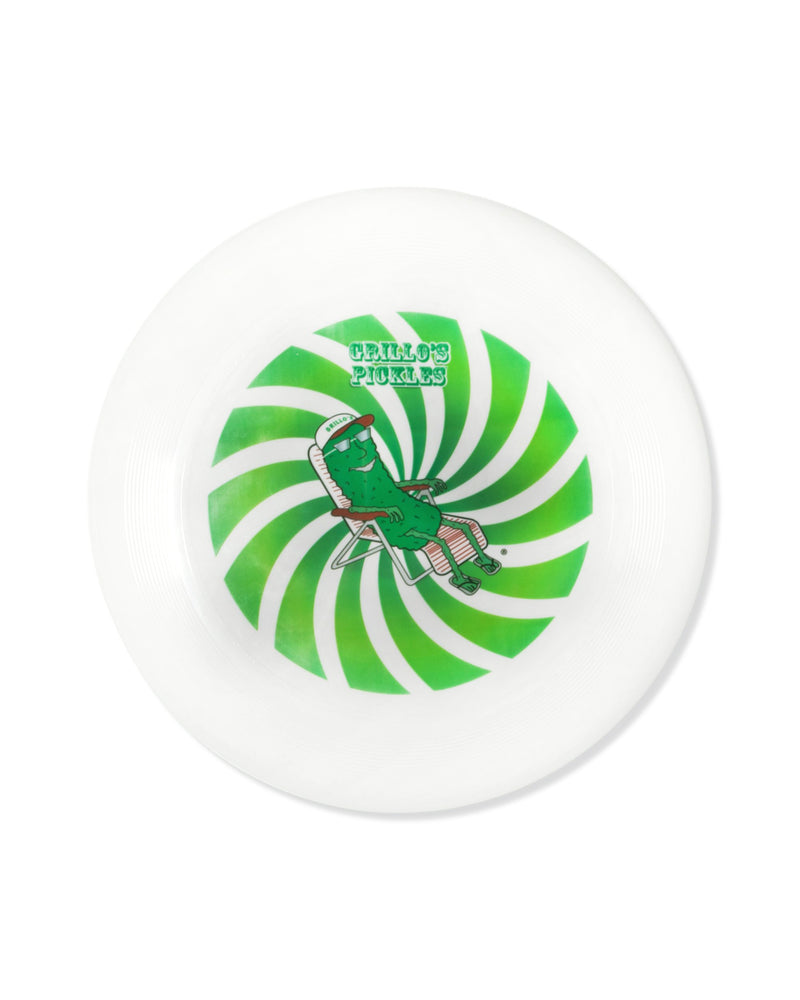 frisbee with pickle on lawn chair and green swirl background 