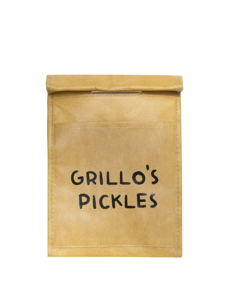 tan lunch snack bag with "grillo's pickles" on the front 