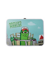 lunchbox with pickle towing pickle stand through city