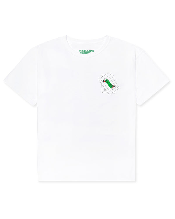 front of white t-shirt with king card with pickles on pocket