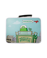 back of lunchbox with back view of pickle towing pickle stand through city