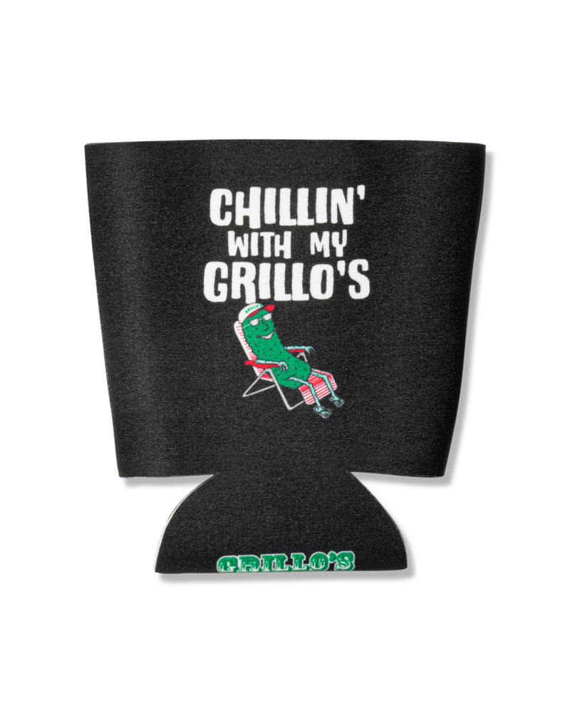 black jar koozie with "chillin' with my grillo's" and pickle in lawn chair