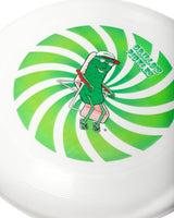 close up of pickle on lawn chair on frisbee 