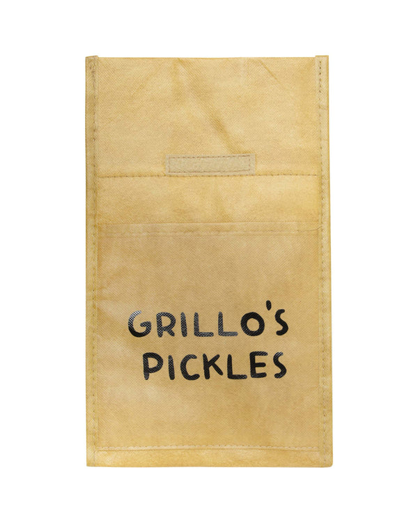 tan lunch snack bag with "grillo's pickles" on it opened 