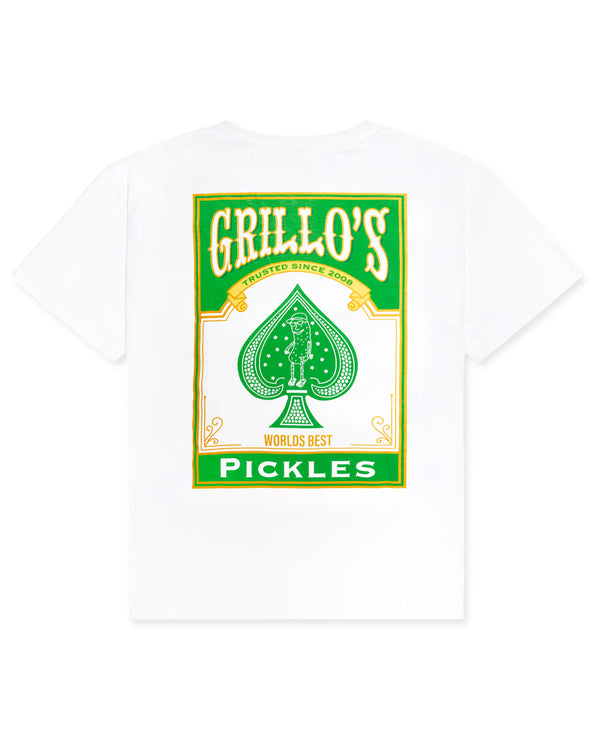back of white t-shirt with grillo's pickles ace card