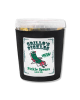 pickle jar with jar koozie that has pickle in lawn chair and "pickle spears classic dill" 