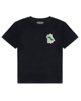 front of black t-shirt with king card with pickles on pocket