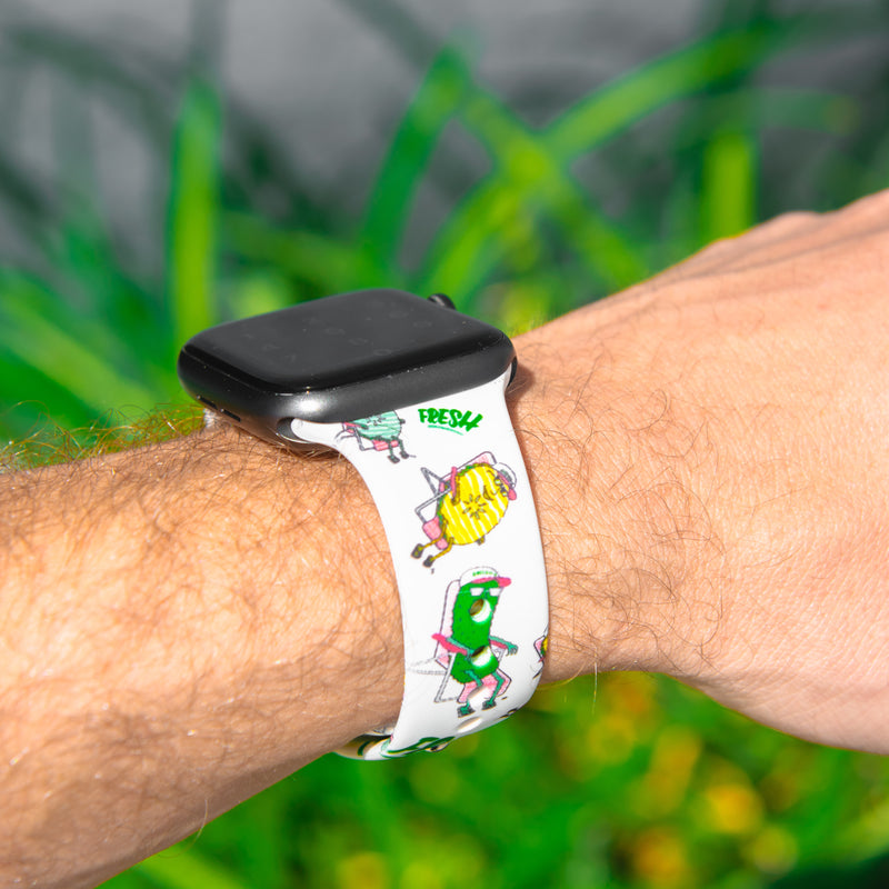 hand wearing apple watch with grillo's pickle strap