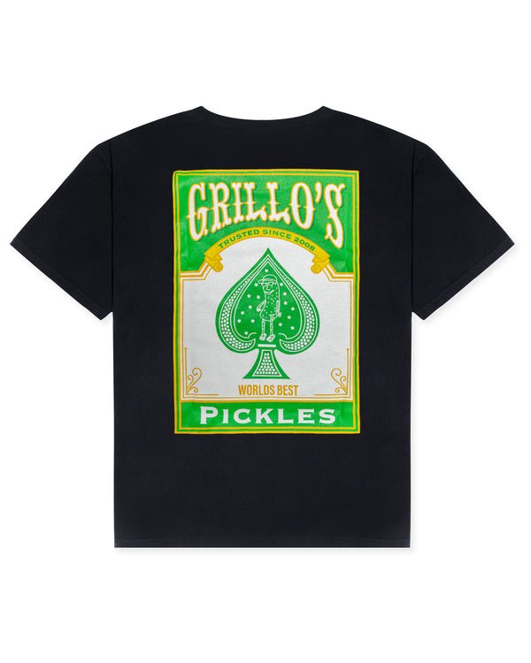 back of black t-shirt with grillo's pickles ace card