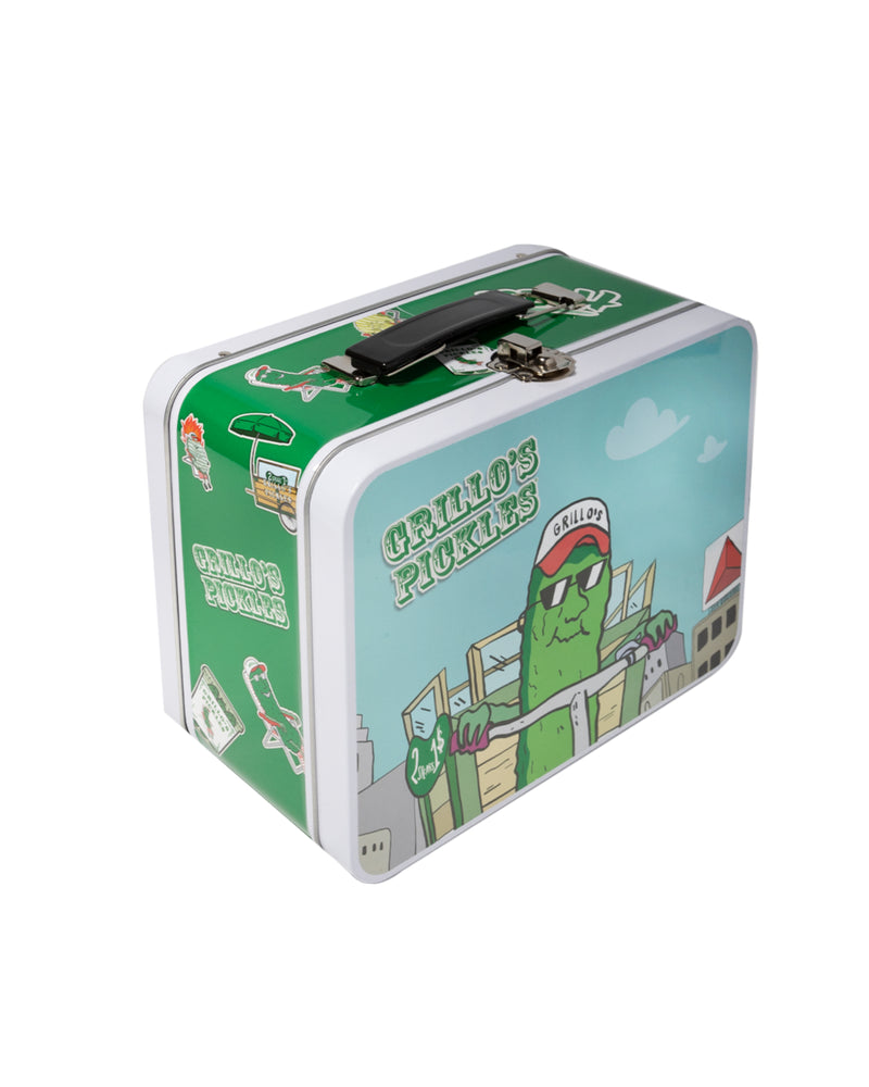 side view of lunchbox with scattered pickle stickers design on sides