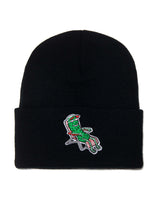 black beanie with embroidered pickle in lawn chair on rim of beanie 