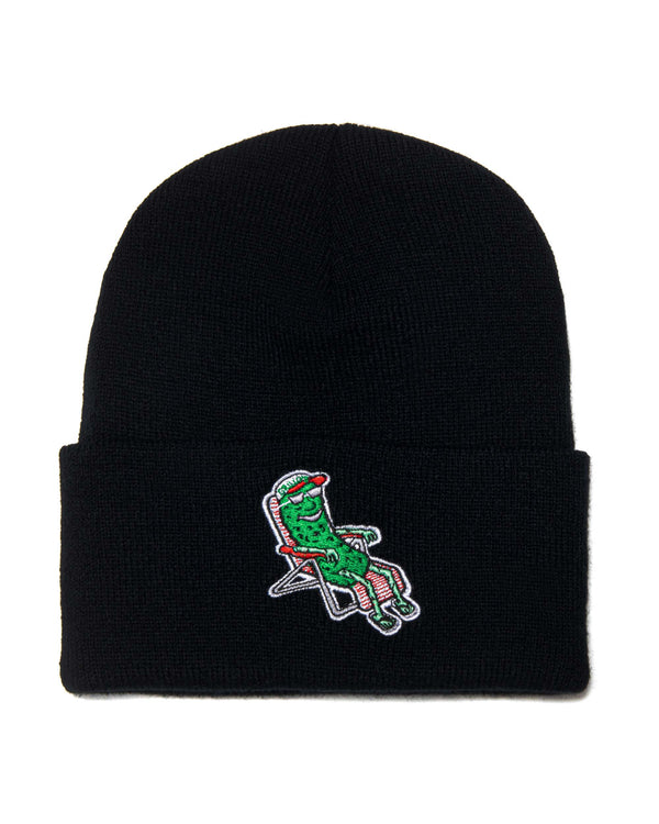 black beanie with embroidered pickle in lawn chair on rim of beanie 
