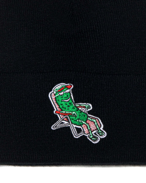 close up of embroidered pickle on lawn chair 