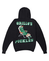 back of black zip up with "grillo's pickles" and pickle in lounge 