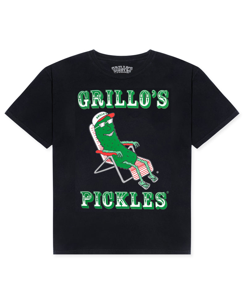 front of black t-shirt with "grillo's pickles" and pickle in lounge chair