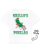 back of white t-shirt with "grillo's pickles" and pickle in lounge chair 