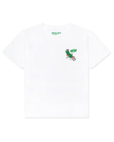 front of white t-shirt with pickle in lounge chair on pocket 