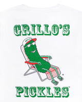 close up of back of tee with "grillo's pickles" and pickle in lounge chair