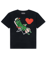 front of black t-shirt with pixel pickle in lounge chair and heart 