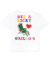 back of white t-shirt with "dee & ricky grillo's" with pixel pickle on lounge chair and heart