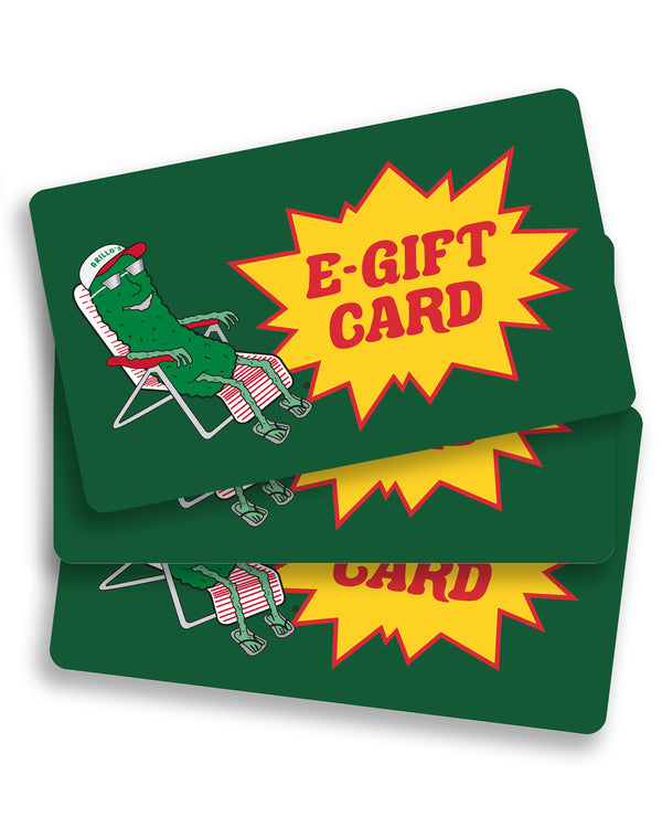 three gift cards with "e-gift card" next to pickle in lounge chair on it