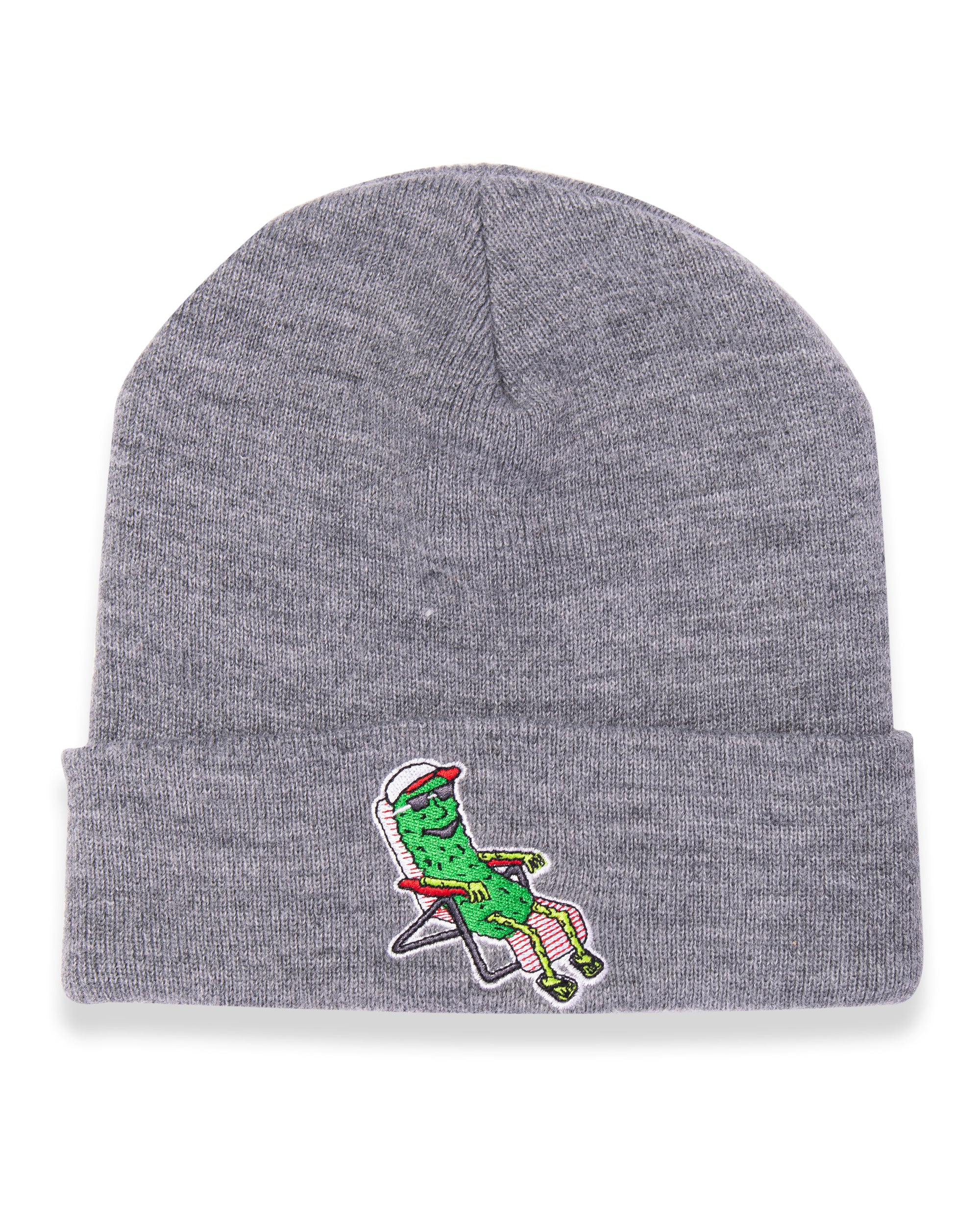 gray beanie with pickle on lawn chair design on rim