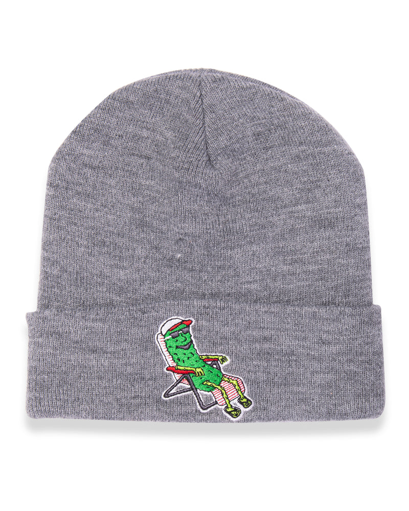 gray beanie with pickle on lawn chair design on rim