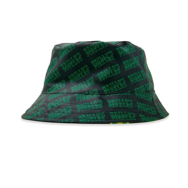 bucket hat with "grillo's pickles" all over it