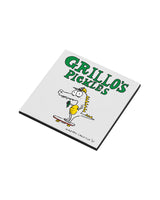 square magnet with "grillo's pickles" and dinosaur on skateboard holding pickle 