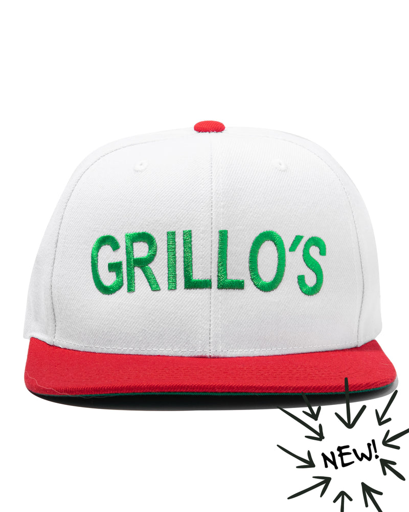 white and red snapback hat with green "grillo's" embroidered on it with "new" in the corner of picture