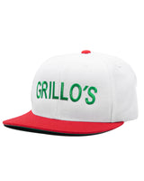 white and red snapback hat with green "grillo's" embroidered on it