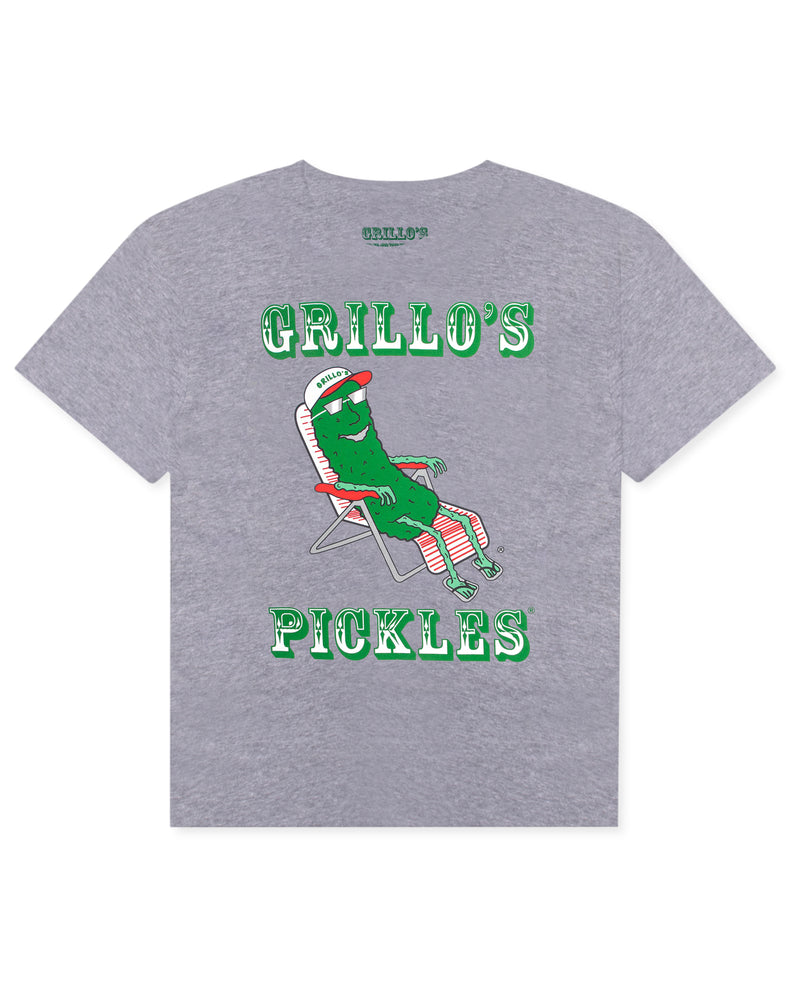 front of gray t-shirt with "grillo's pickles" and pickle in lounge chair