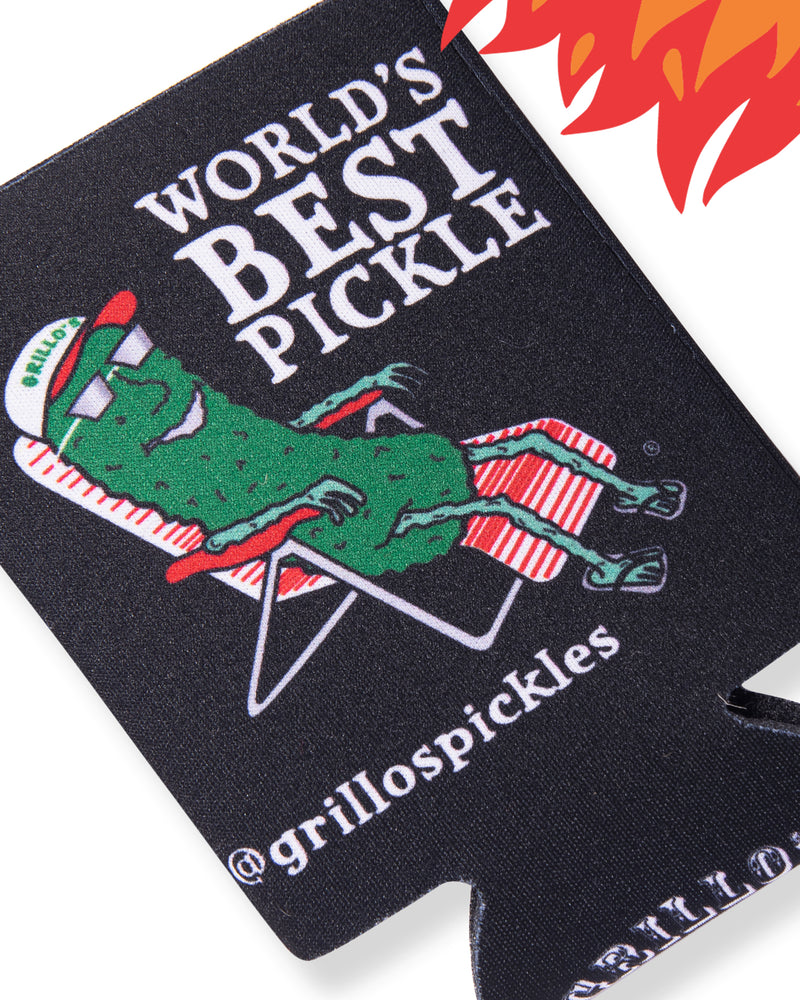 cartoon flame in corner with close up of black koozie with "world's best pickle" and pickle in lawn chair on it