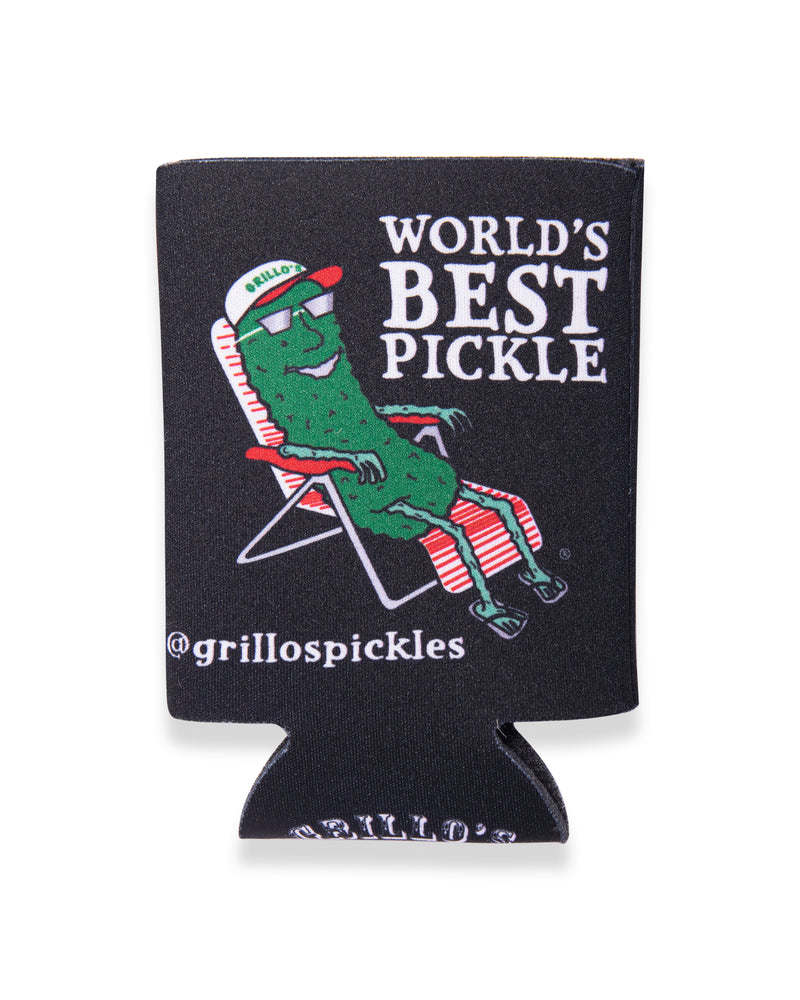 black koozie with "world's best pickle" and pickle in lawn chair on it