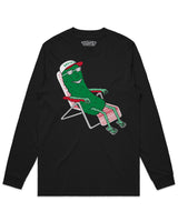 front of black long sleeve with pickle in lounge chair on it