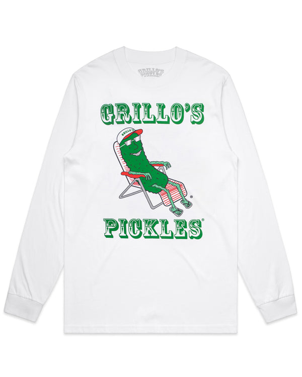 front of white long sleeve with "grillo's pickles" and pickle in lounge chair 