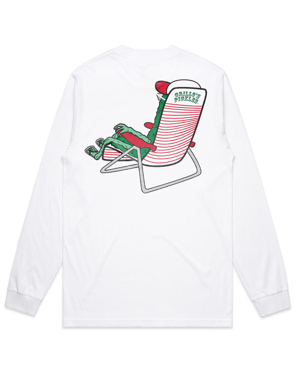 back of white long sleeve with back of pickle in lounge chair on it
