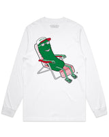 front of white long sleeve with pickle in lounge chair on it