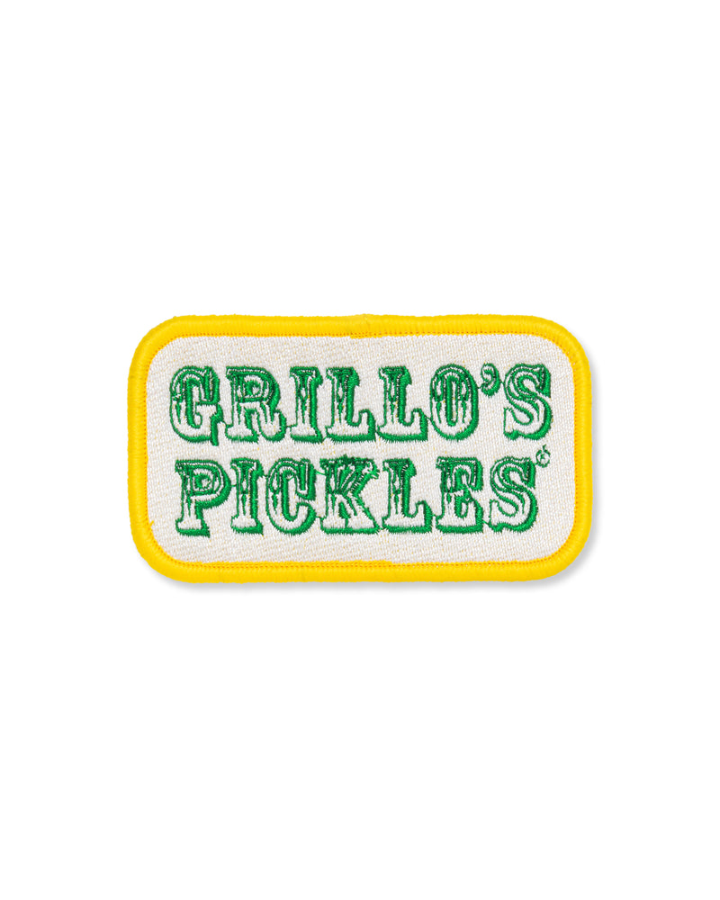 white and yellow embroidered patch of "grillo's pickles"