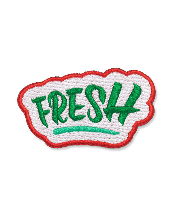 embriodered patch that says "fresh"
