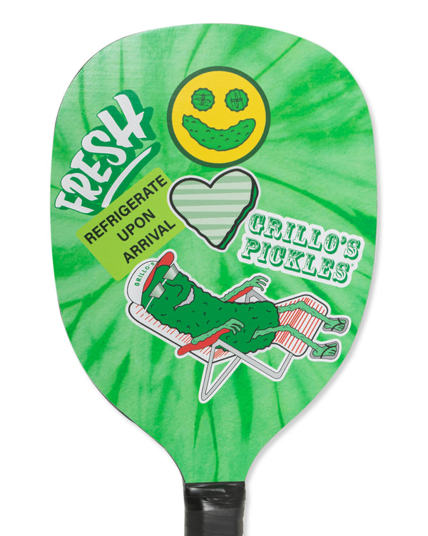 close up of green pickle ball paddle with "fresh", smiley face, "refrigerate upon arrival", heart, and pickle on it