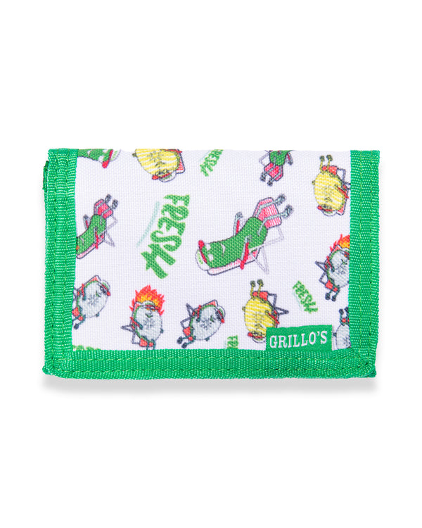 white and green wallet with pickles all over it