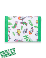 back of wallet with grillos pickles all over it