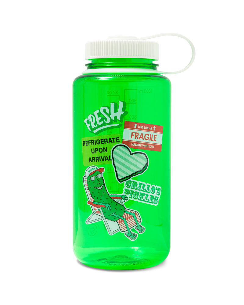 nalgene water bottle with grillo's pickles logo, pickles, "fresh" and heart on it