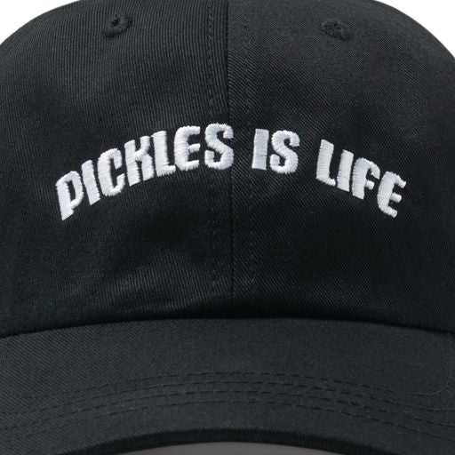close up of "pickles is life" on hat