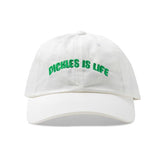 white hat with "pickles is life" across front