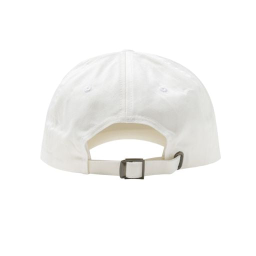 plain white back of hat with buckle closure 