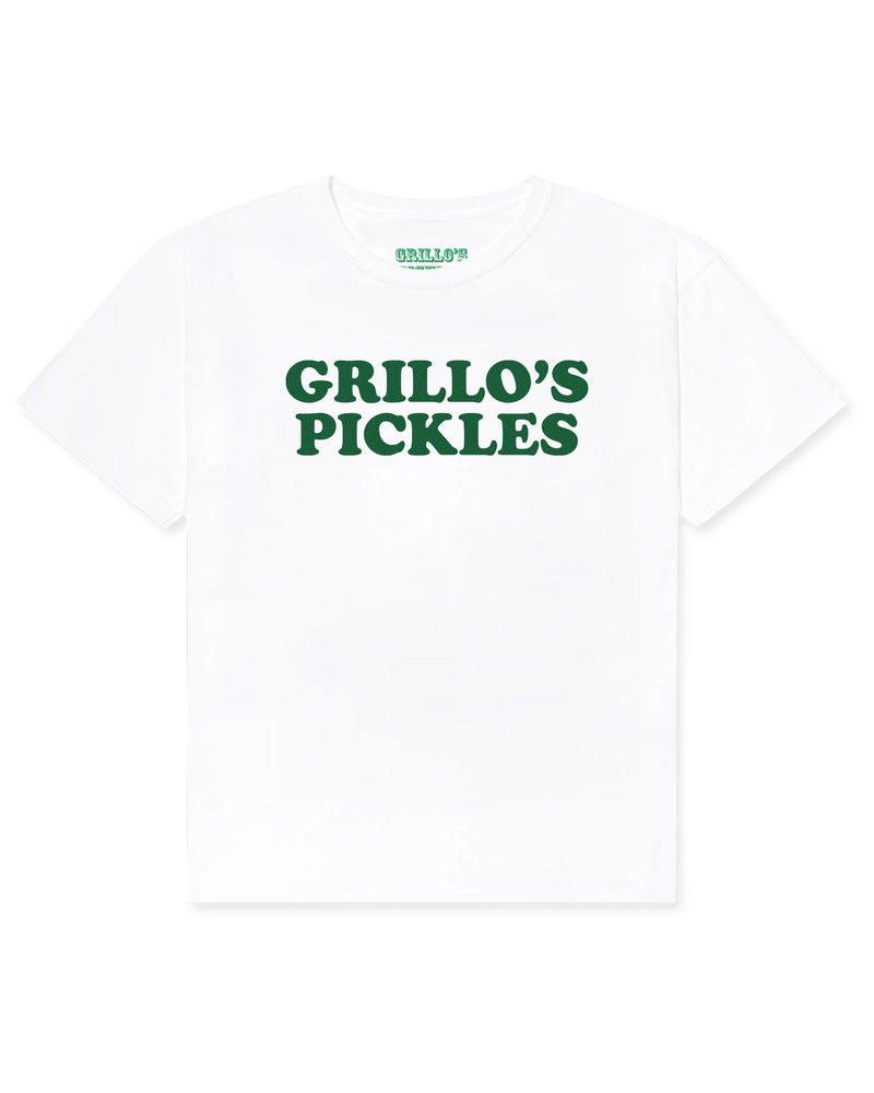 front of white t-shirt with "grillo's pickles" in green font